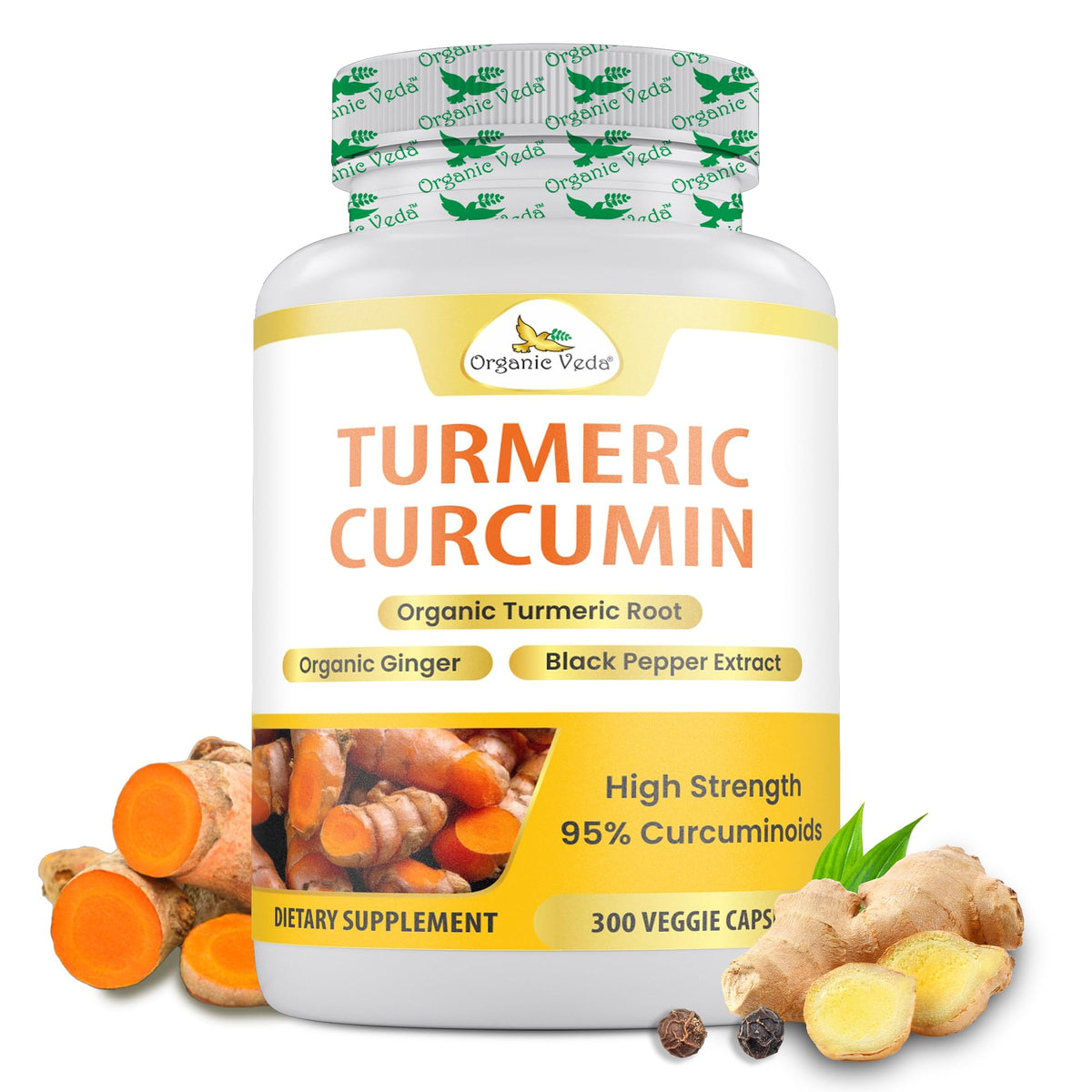 Organic Veda Turmeric and Ginger Supplement - 300 Capsules