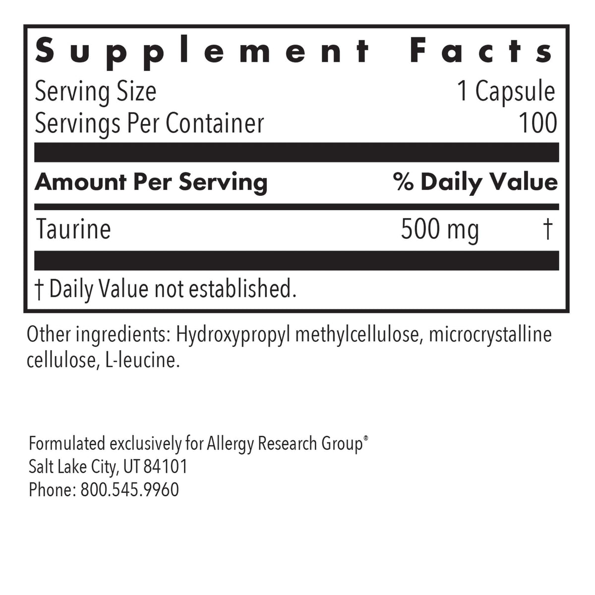 Allergy Research Group Taurine 500 mg Amino Acid - 100 Capsules - image 6