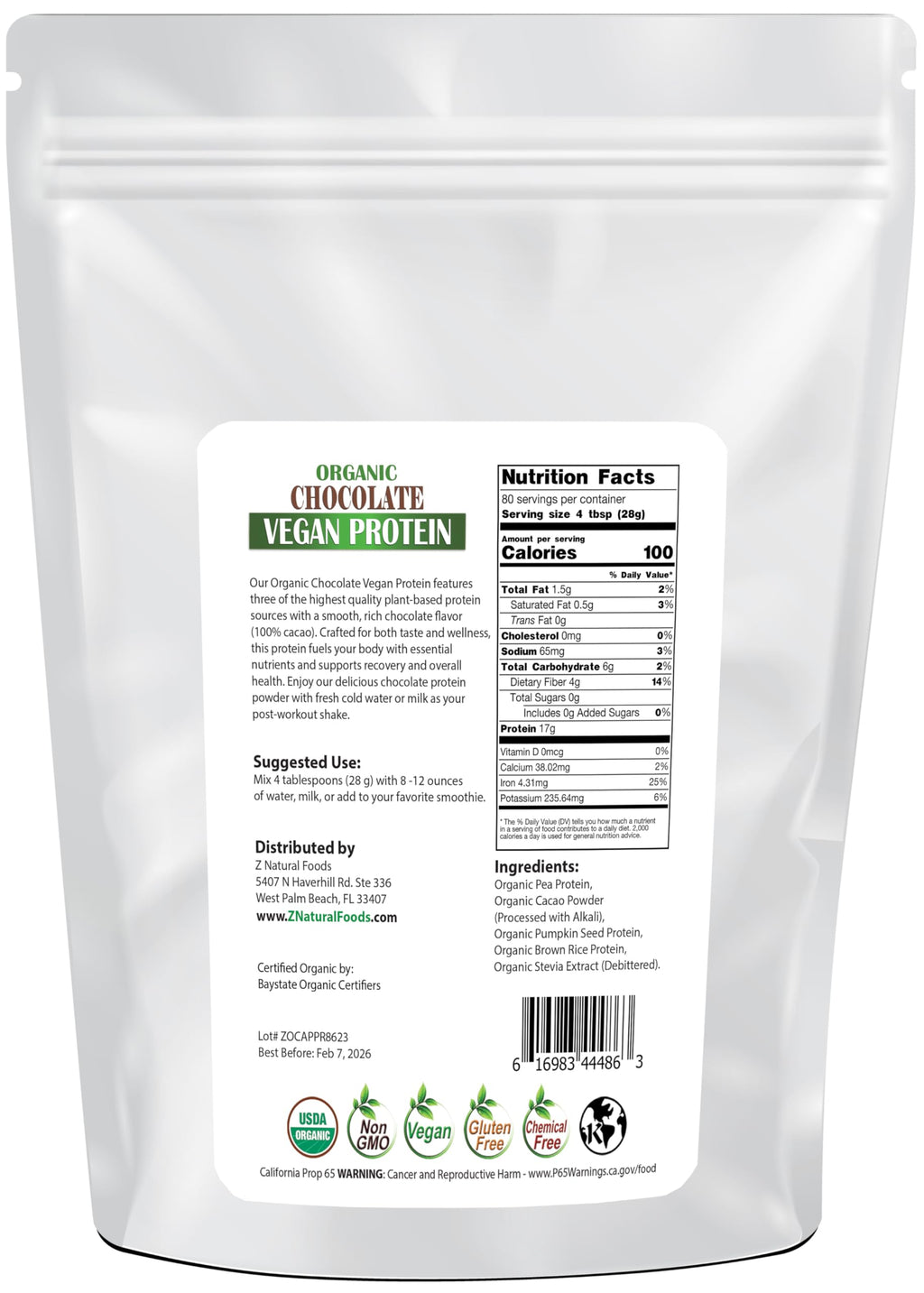 Z Natural Foods Organic Chocolate Vegan Protein Powder - 80 Pound - image 2