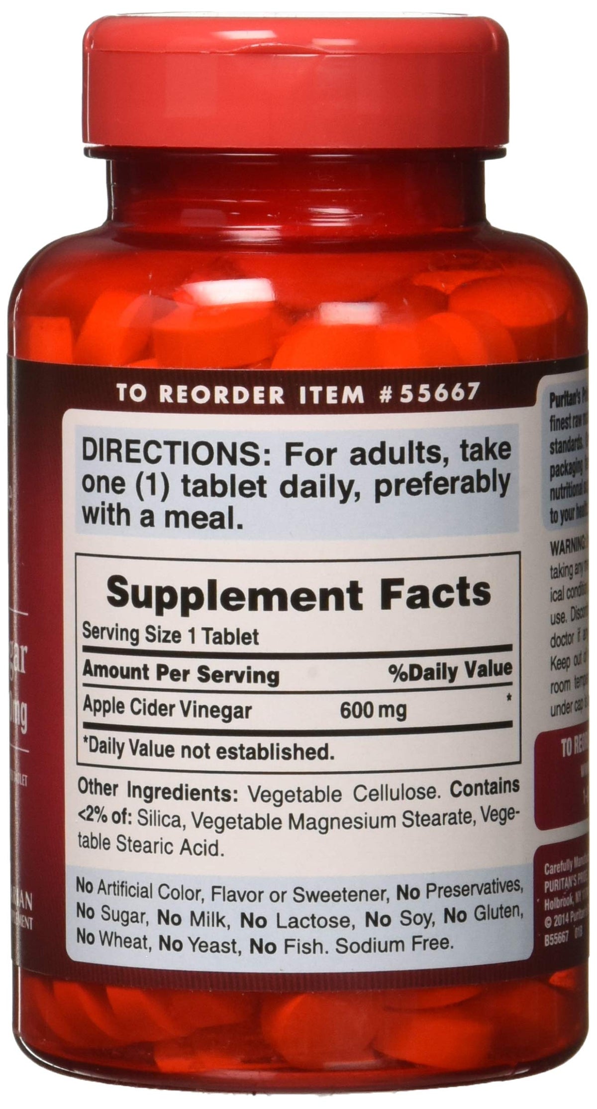 Puritan's Pride Apple Cider Vinegar 600mg - 200 Tablets - image 3