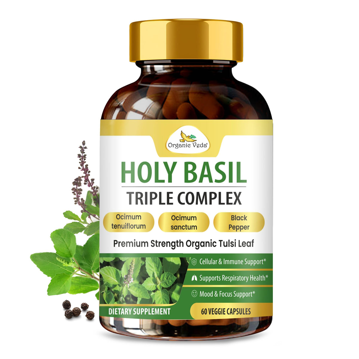 Organic Veda Holy Basil Capsules with Black Pepper - 60 Vegan Capsules
