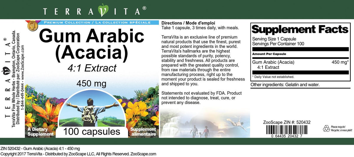Terravita Gum Arabic Acacia 4:1 450 mg - 100 Capsules - image 3