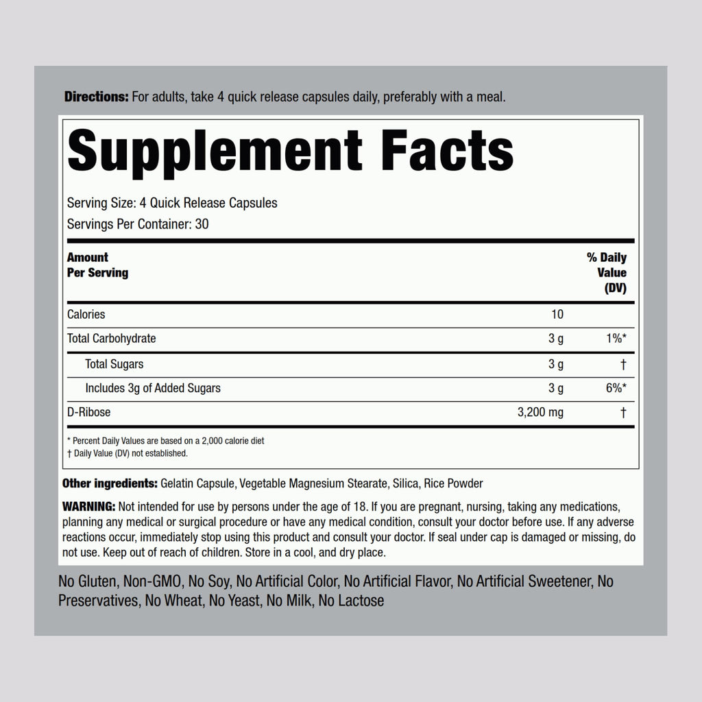 Piping Rock D-Ribose 3200mg - 120 Capsules - image 2