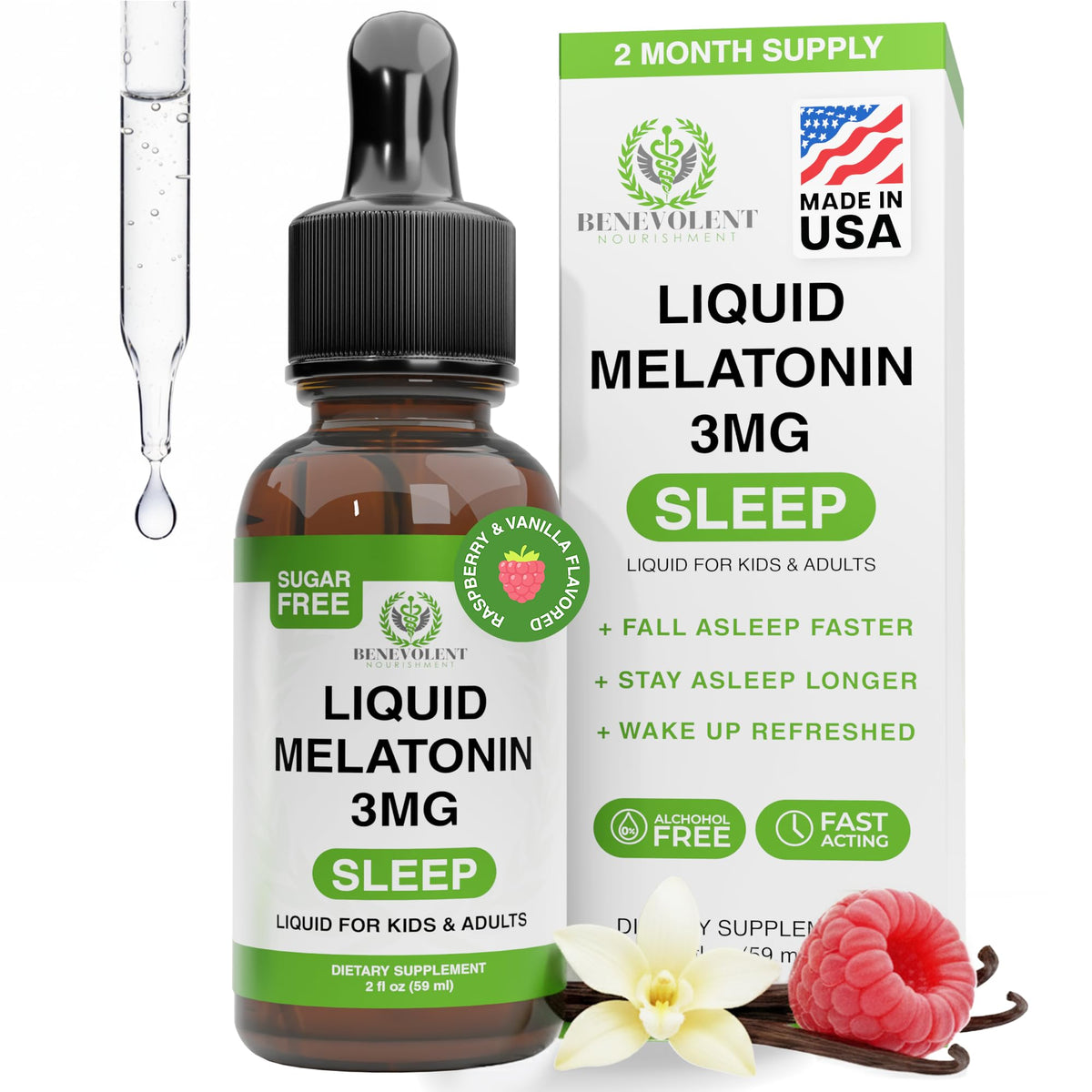 Benevolent Nourishment Liquid Melatonin Drops 3mg Sleep Support - 2 Fl Oz