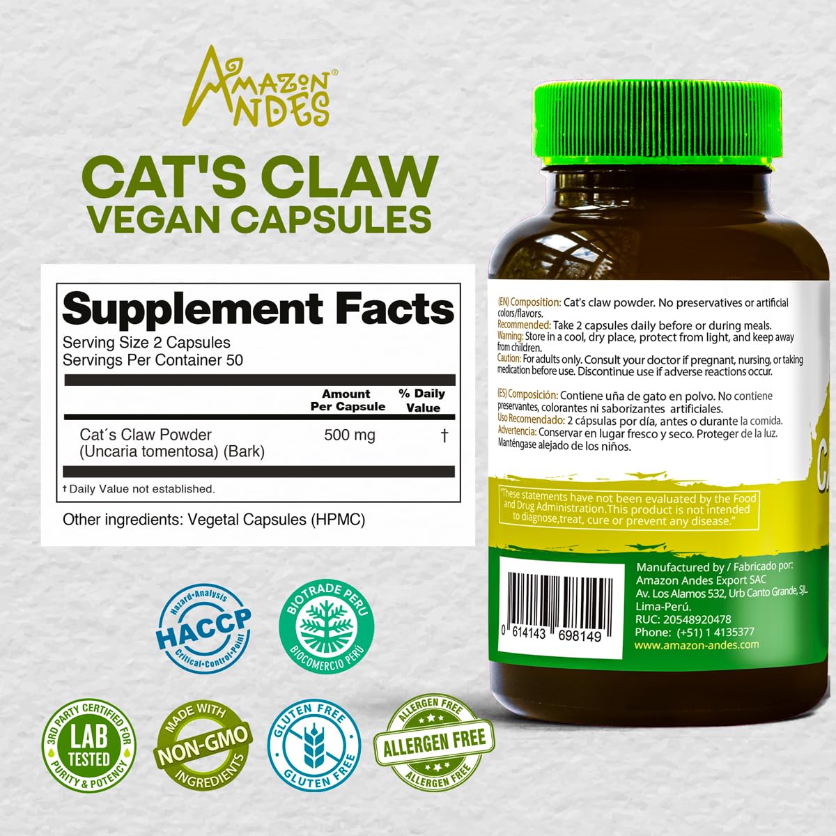 Amazon Andes Cat's Claw 1000mg Capsules - 100 Count - image 2