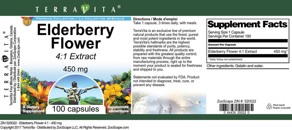 Terravita Elderberry Flower 4:1 Extract 450 mg - 300 Capsules - image 2