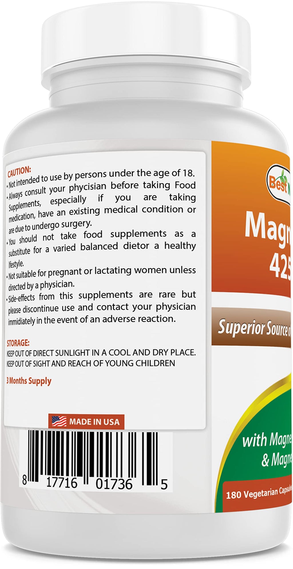 Best Naturals Magnesium 425 mg 180 Veggie Capsules - High Absorption