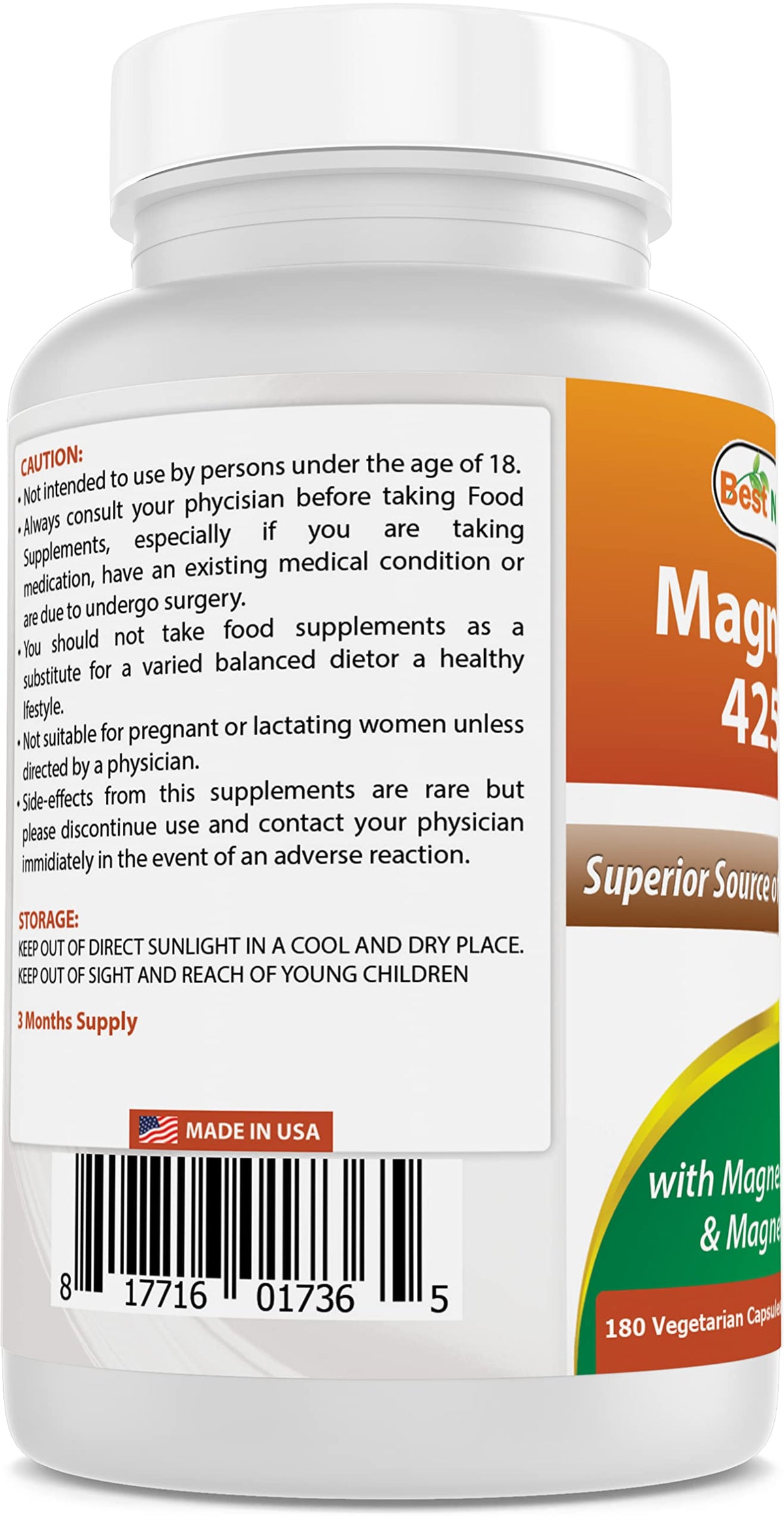Best Naturals Magnesium 425 mg 180 Veggie Capsules - High Absorption