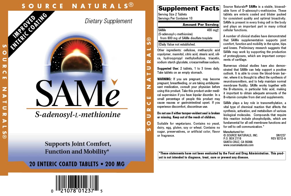 Source Naturals SAMe 400 mg - 20 Enteric Coated Tablets - image 3