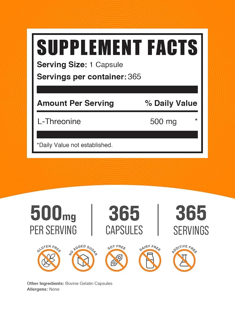 BulkSupplements L-Threonine 500mg Amino Acid - 365 Capsules - image 2
