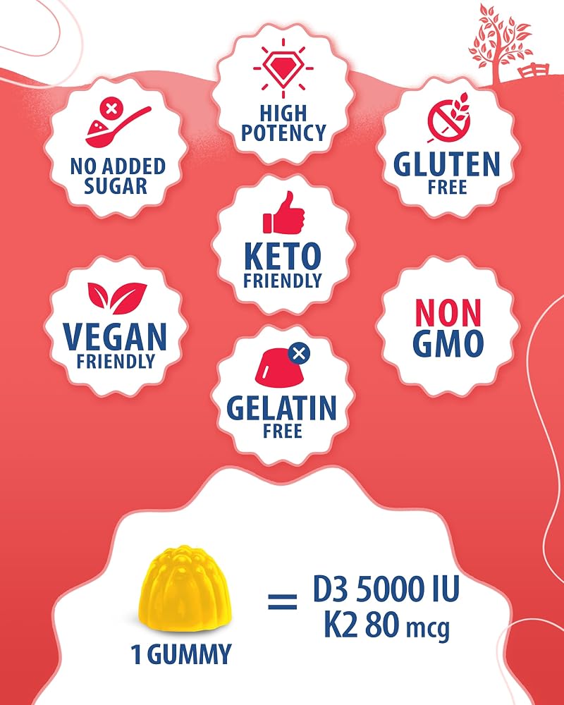 SUNNY SAM Vitamin D3 K2 Gummies 5000 IU - Immune & Bone Support