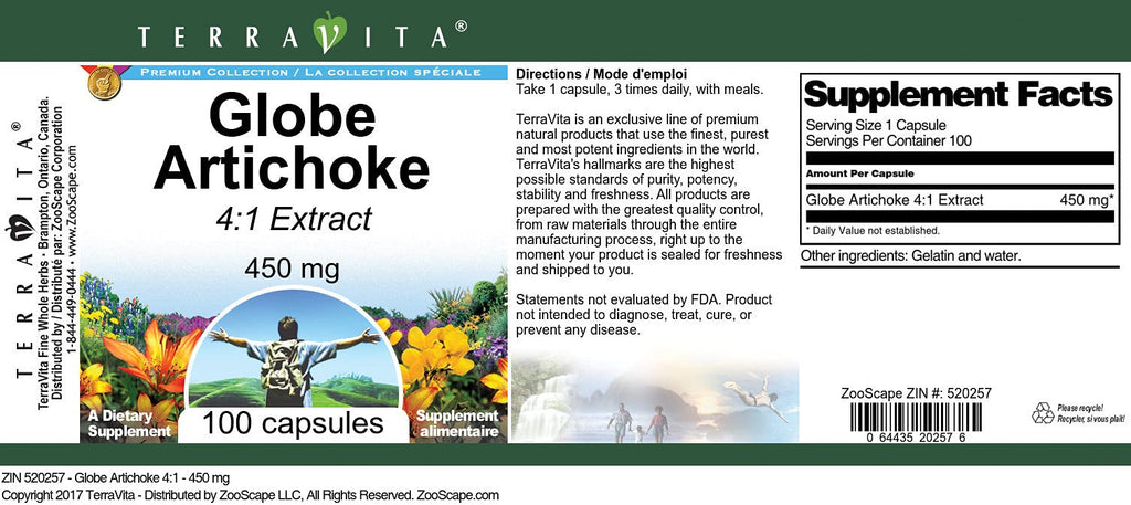 Terravita Globe Artichoke 4:1-450 mg (100 Capsules, ZIN: 520257)