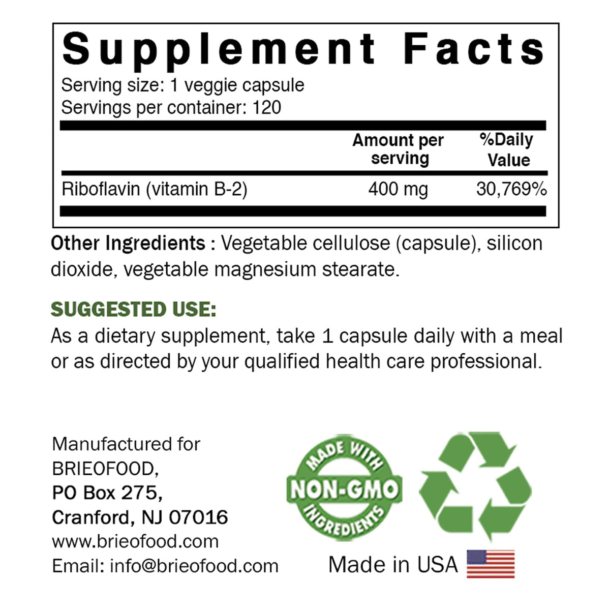 Brieofood Vitamin B2 Riboflavin 400mg - 120 Vegetarian Capsules - image 2