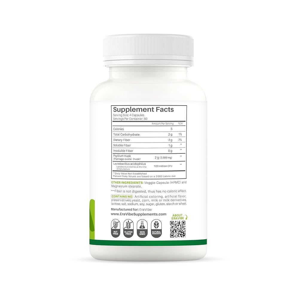 ERAVIBE Psyllium Husk Capsules with Probiotics Fiber Supplement - 200 Count - image 4