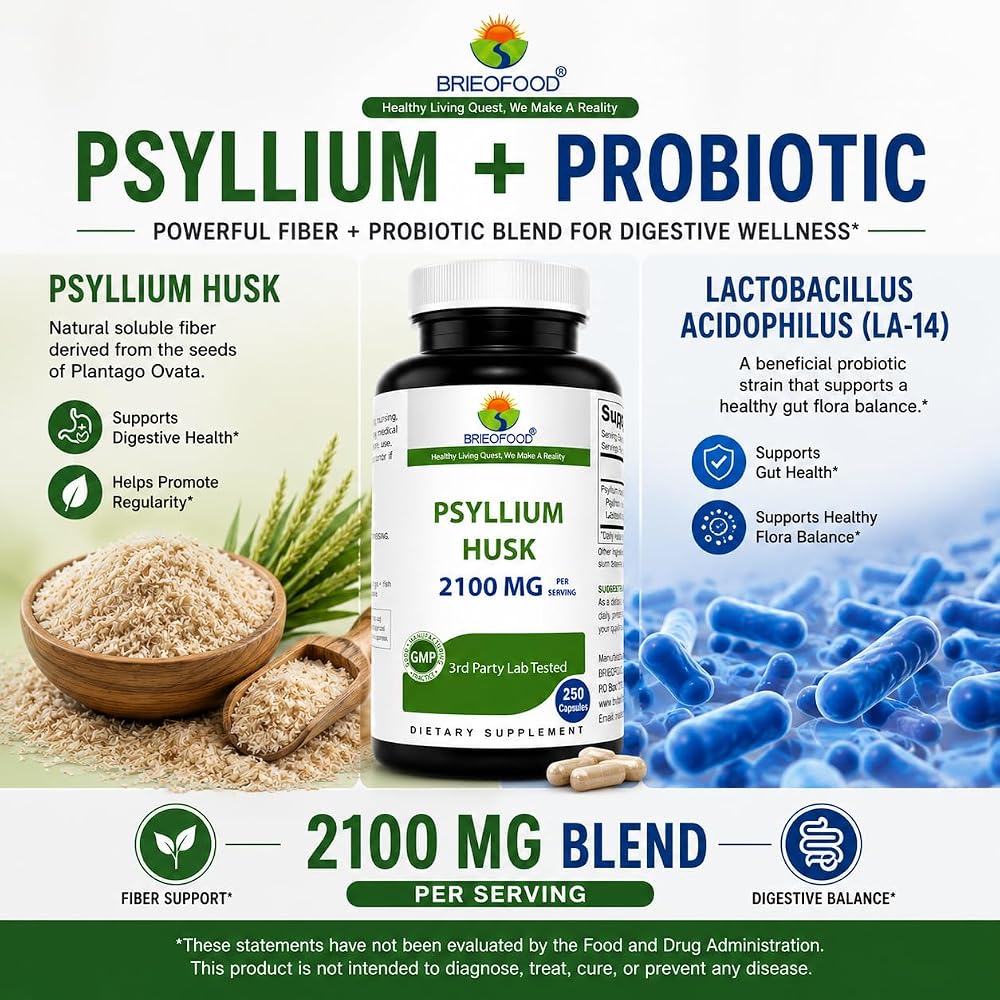 Brieofood Psyllium Husk Fiber with Acidophilus - 250 Capsules - image 4