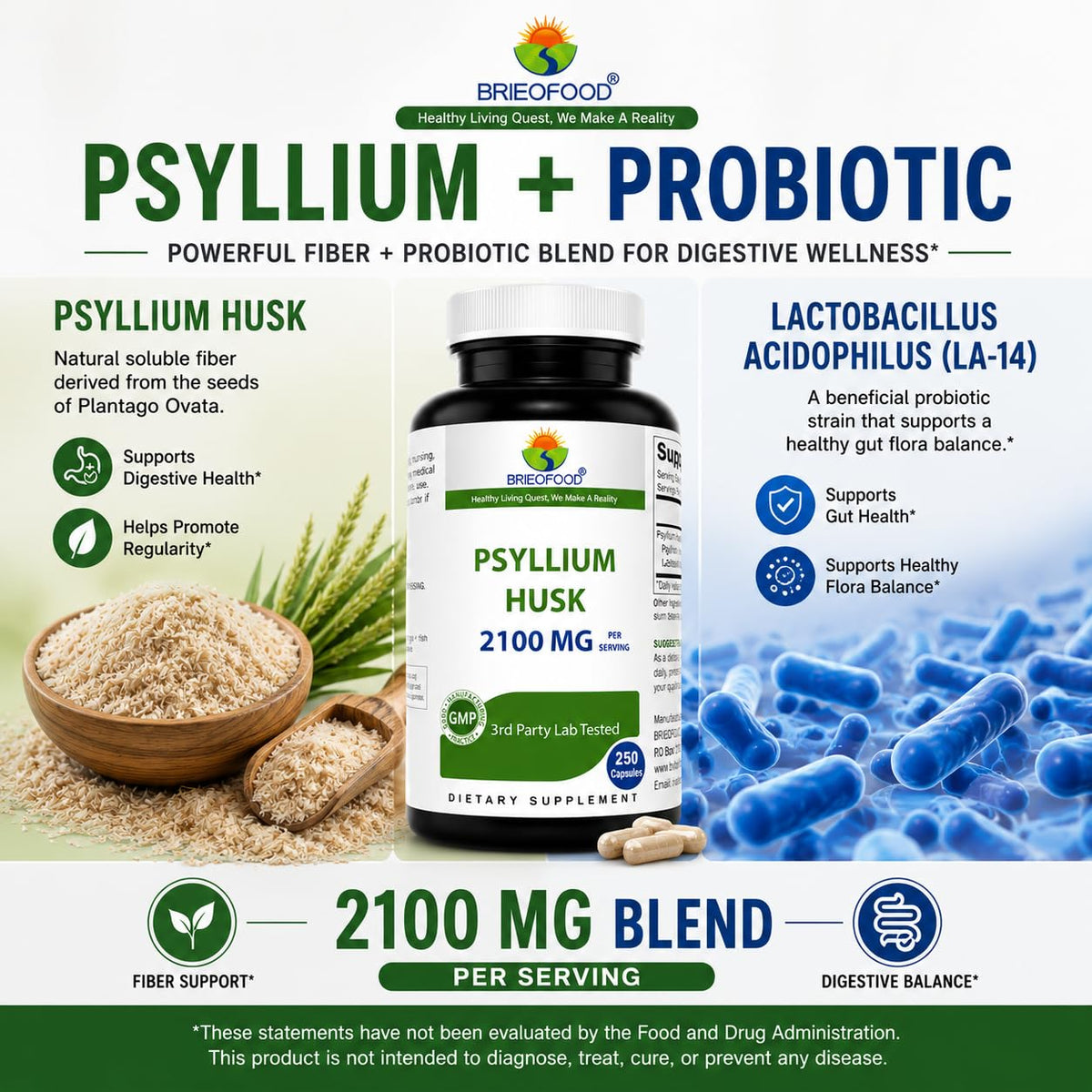 Brieofood Psyllium Husk Fiber with Acidophilus - 250 Capsules - image 4
