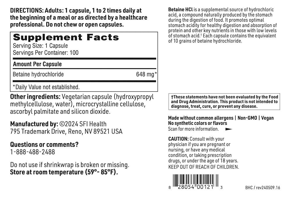 SFI Health Betaine HCl 648mg Digestion Support - 100 Capsules - image 4