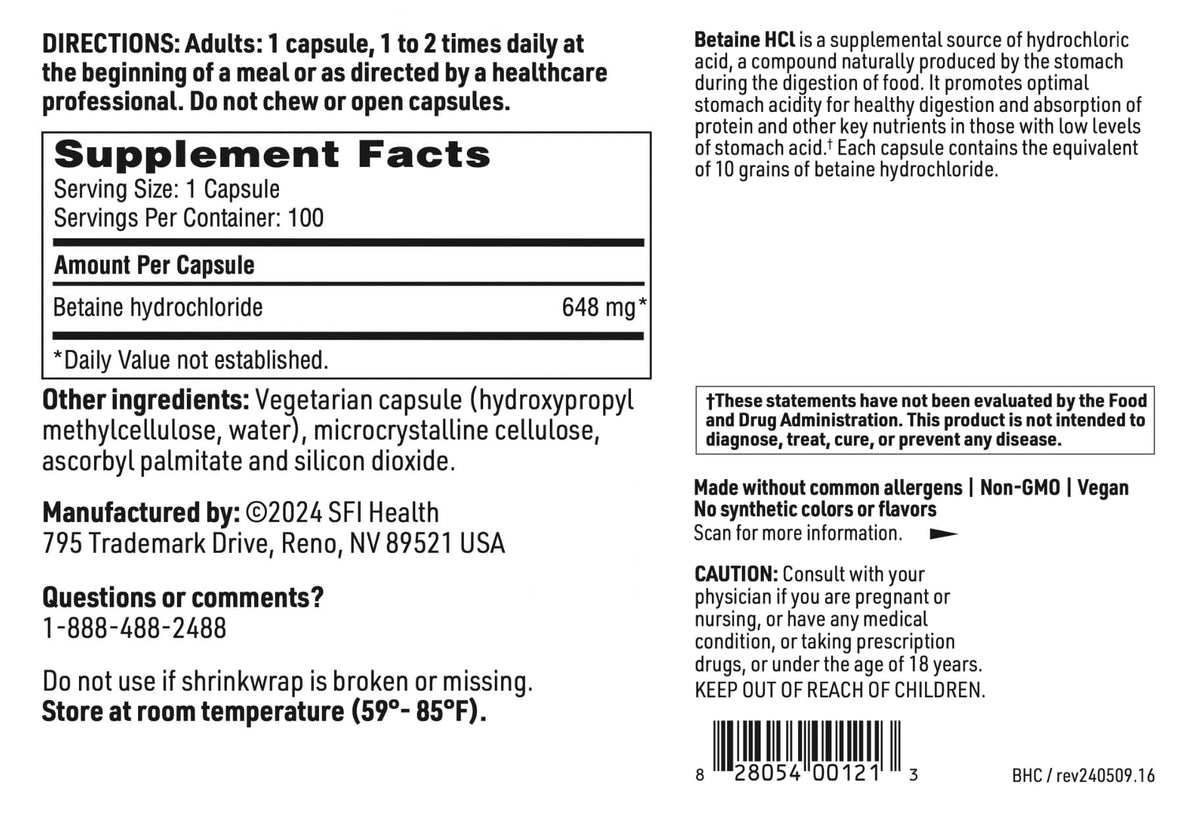 SFI Health Betaine HCl 648mg Digestion Support - 100 Capsules - image 4