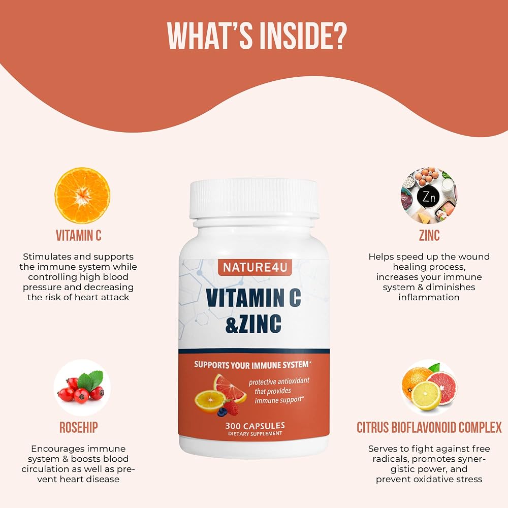 Nature4U Vitamin C 1000mg with Zinc and Rose Hips - 300 Capsules - image 2