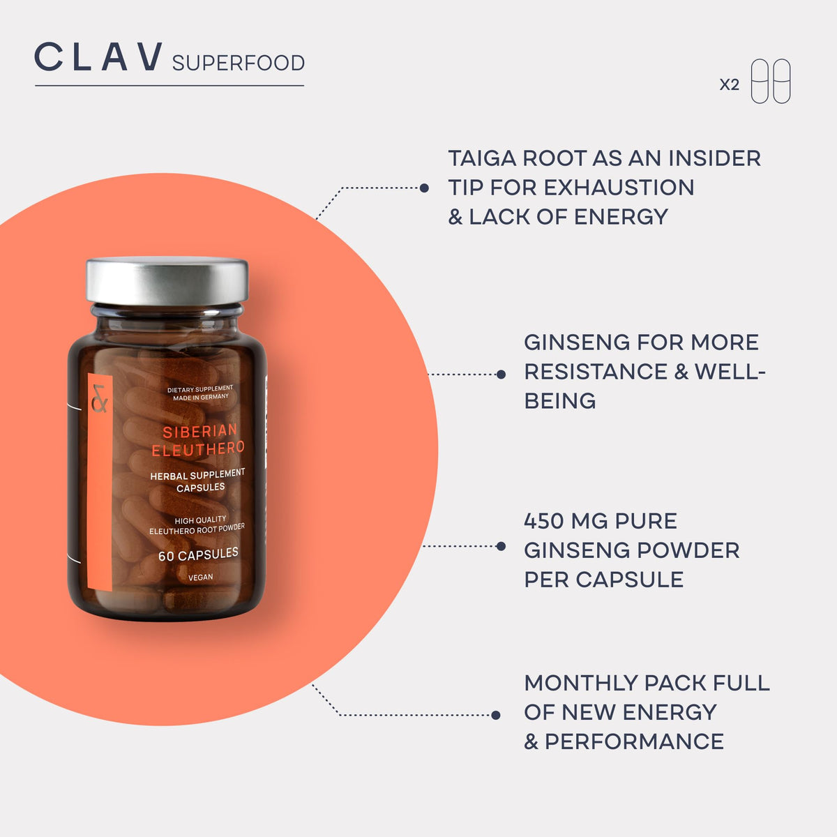CLAV Siberian Ginseng 900mg Eleutherococcus Root - 60 Capsules - image 3