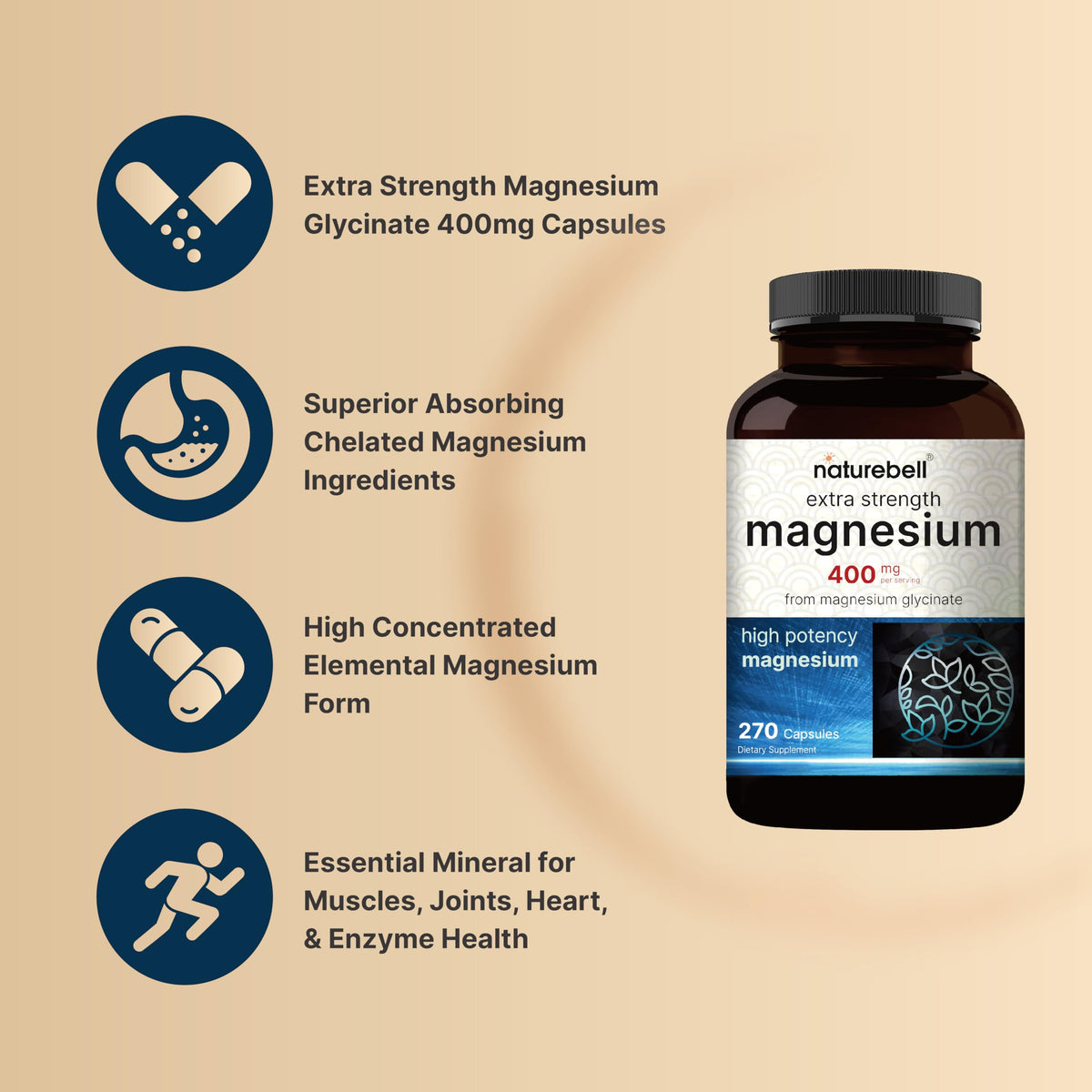 NatureBell Magnesium Glycinate 400mg - 270 Capsules - image 3