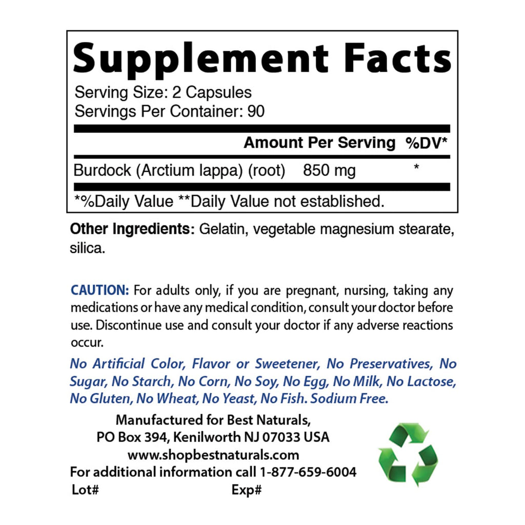 Best Naturals Burdock Root 425 mg 180 Capsules