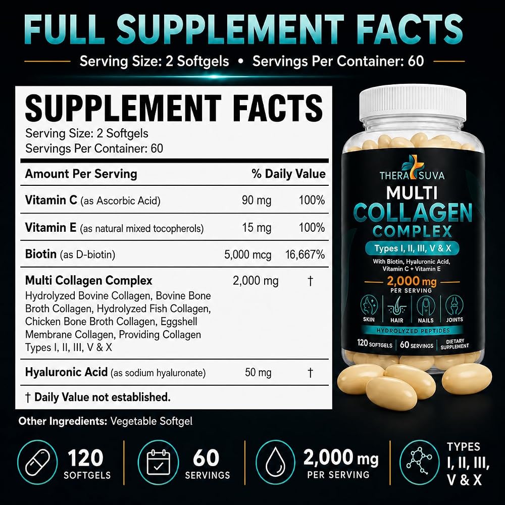 TheraSuva Complete Multi Collagen Complex with Peptides - 120 Softgels - image 3