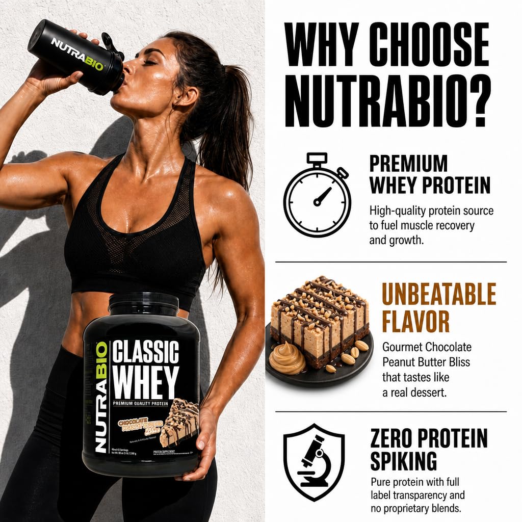NutraBio Classic Whey Protein Powder Supplement - 25g of Protein Per