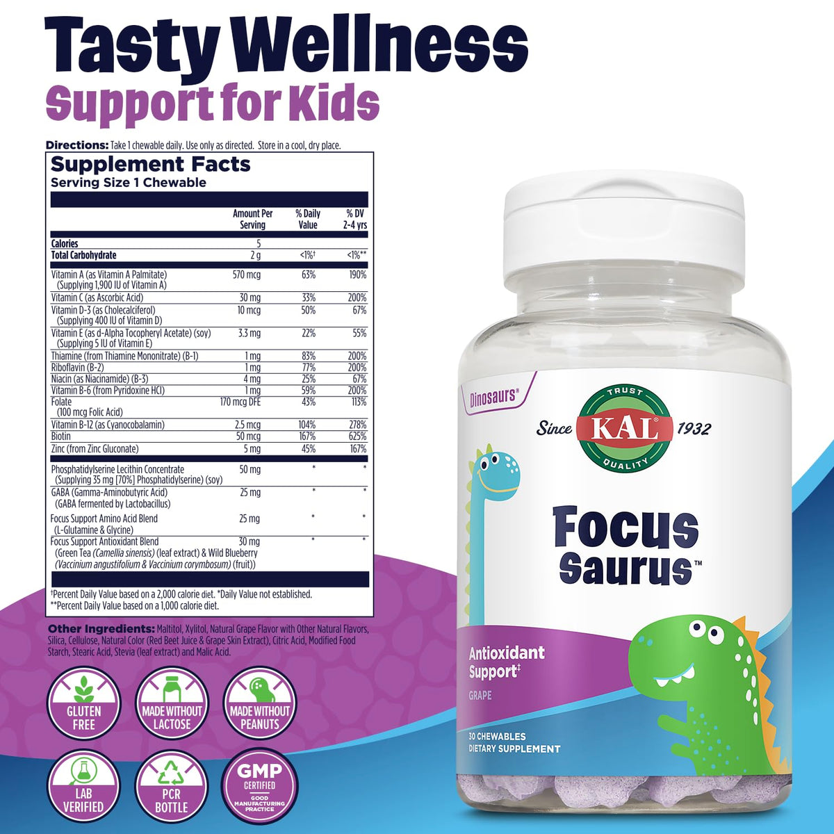 KAL Focus-Saurus Grape Vitamin Chewables - 30 Count - image 2