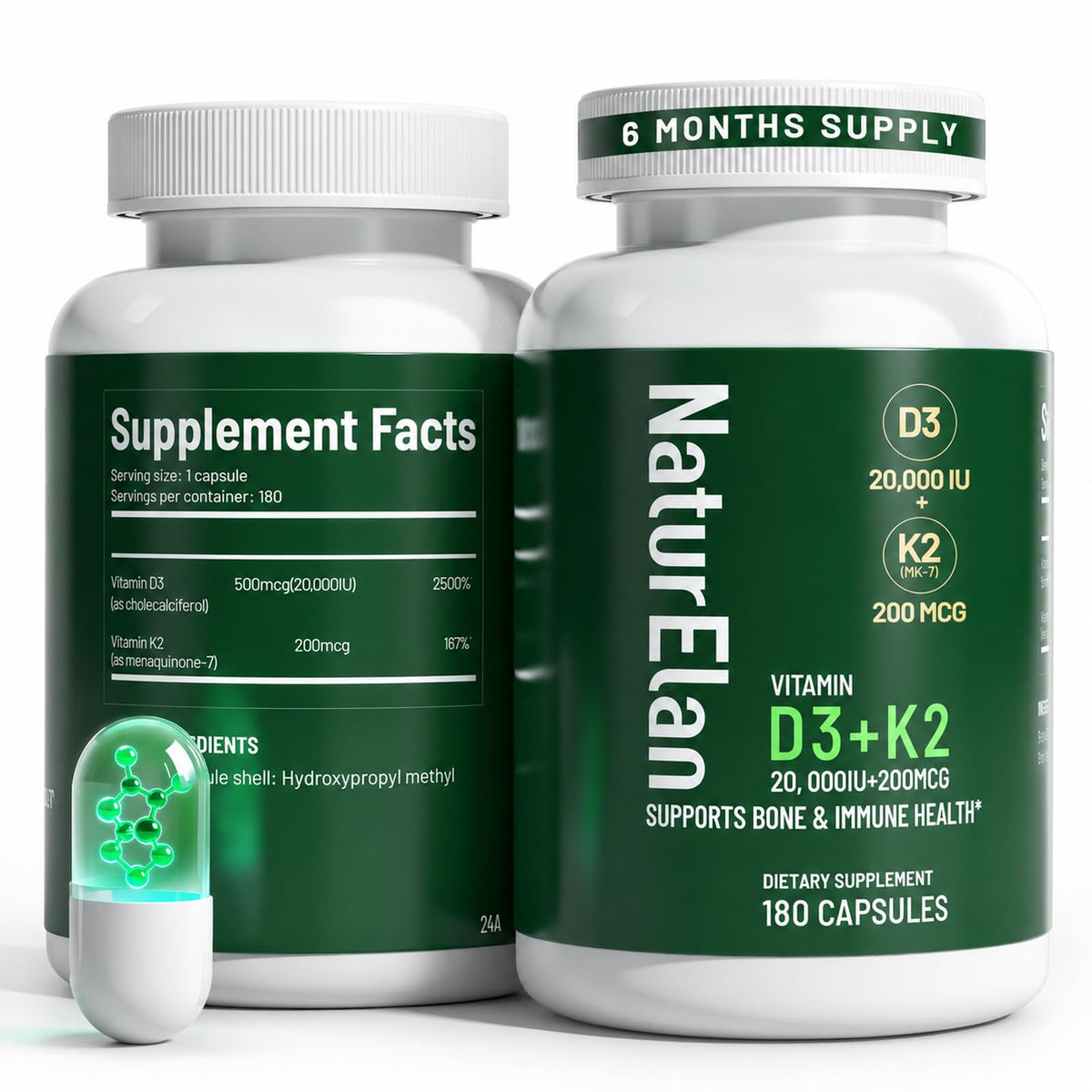 NaturElan Vitamin D3 K2 20,000 IU - 180 Capsules