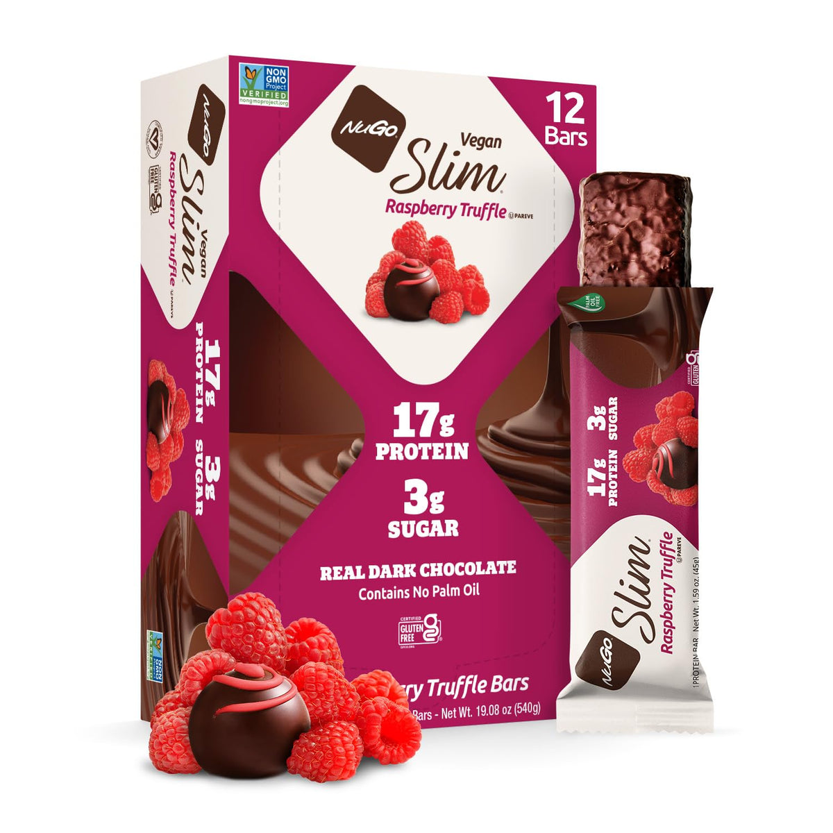 NuGo Slim Raspberry Truffle Protein Bar, Vegan, Gluten Free - 12 ct