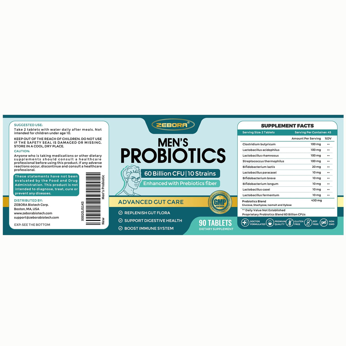 ZEBORA Probiotics for Men Digestive Health 60 Billion CFU - 90 Tablets - image 7