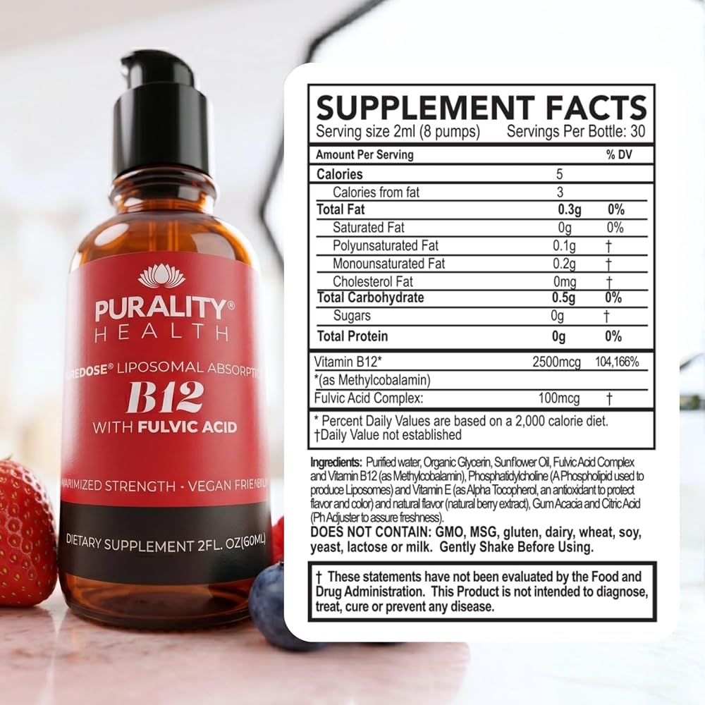 PURALITY HEALTH Liposomal Liquid Vitamin B12 2500mcg for Energy - 2 Fl Oz - image 2