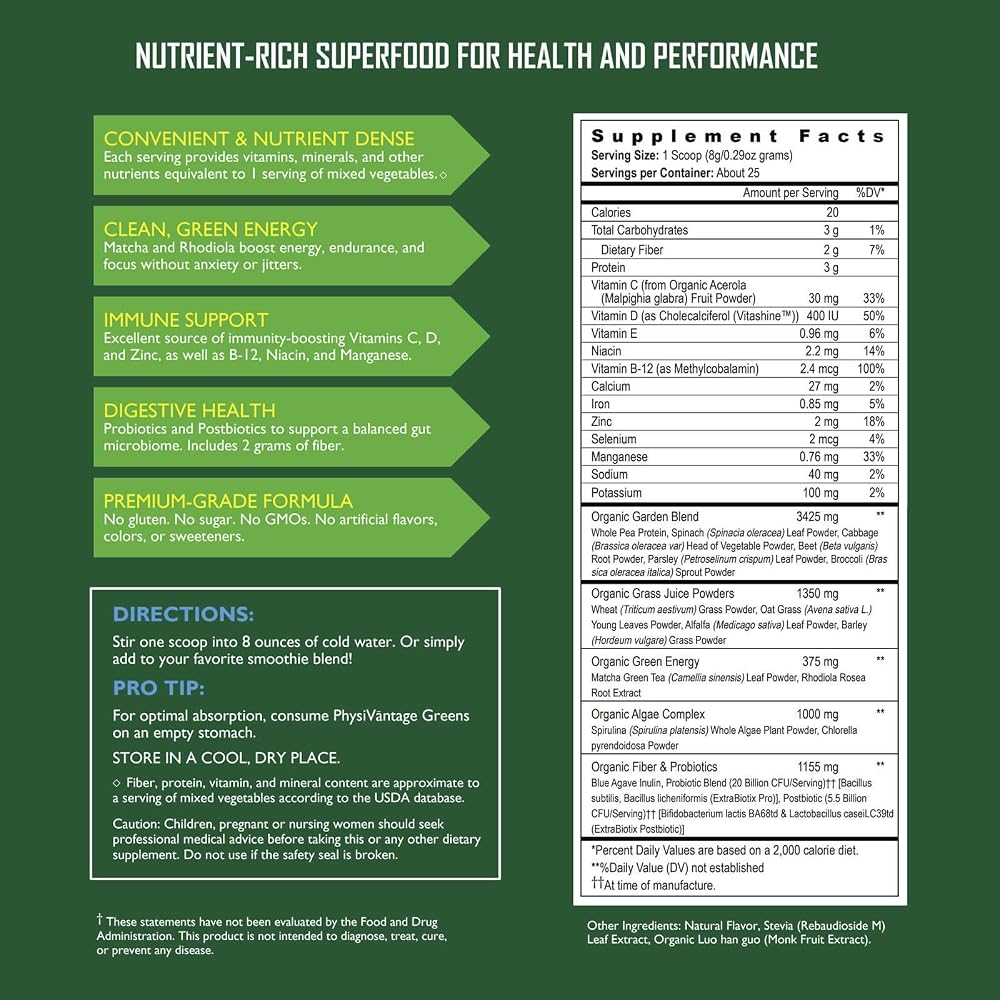 PhysiVantage Organic Greens Powder for Energy & Immunity - 25 Servings - image 5