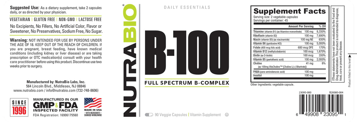 NutraBio B-100 B Vitamin Complex - 90 Vegetable Capsules - image 7
