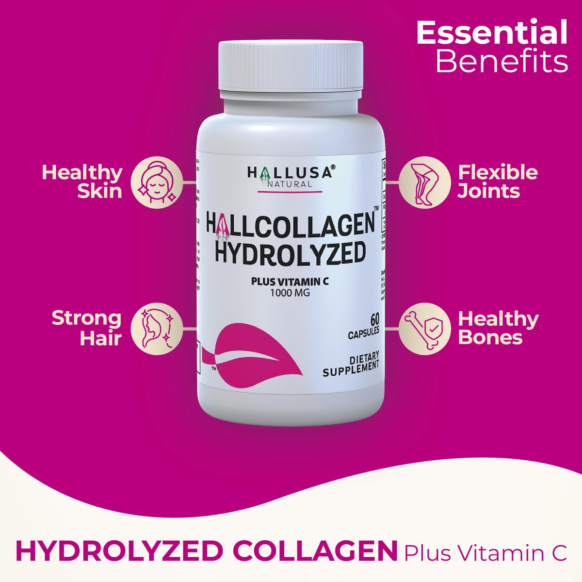 Hallusa Natural Hydrolyzed Collagen 1000mg with Vitamin C - 60 Capsules - image 3