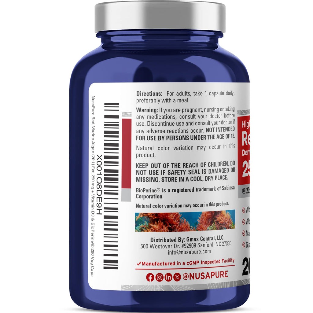NusaPure Red Marine Algae 250 mg - 200 Vegetarian Capsules - image 3
