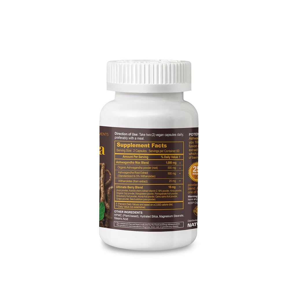 NATURION Ashwagandha Max Organic Powder & Extract - 120 Vegan Capsules - image 2