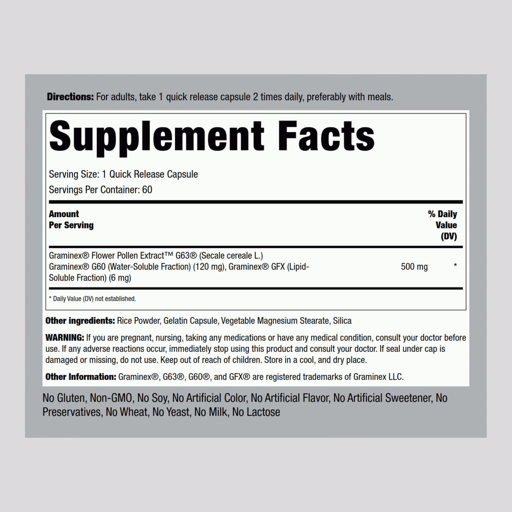 Piping Rock Graminex Flower Pollen Extract 500mg - 60 Capsules - image 2