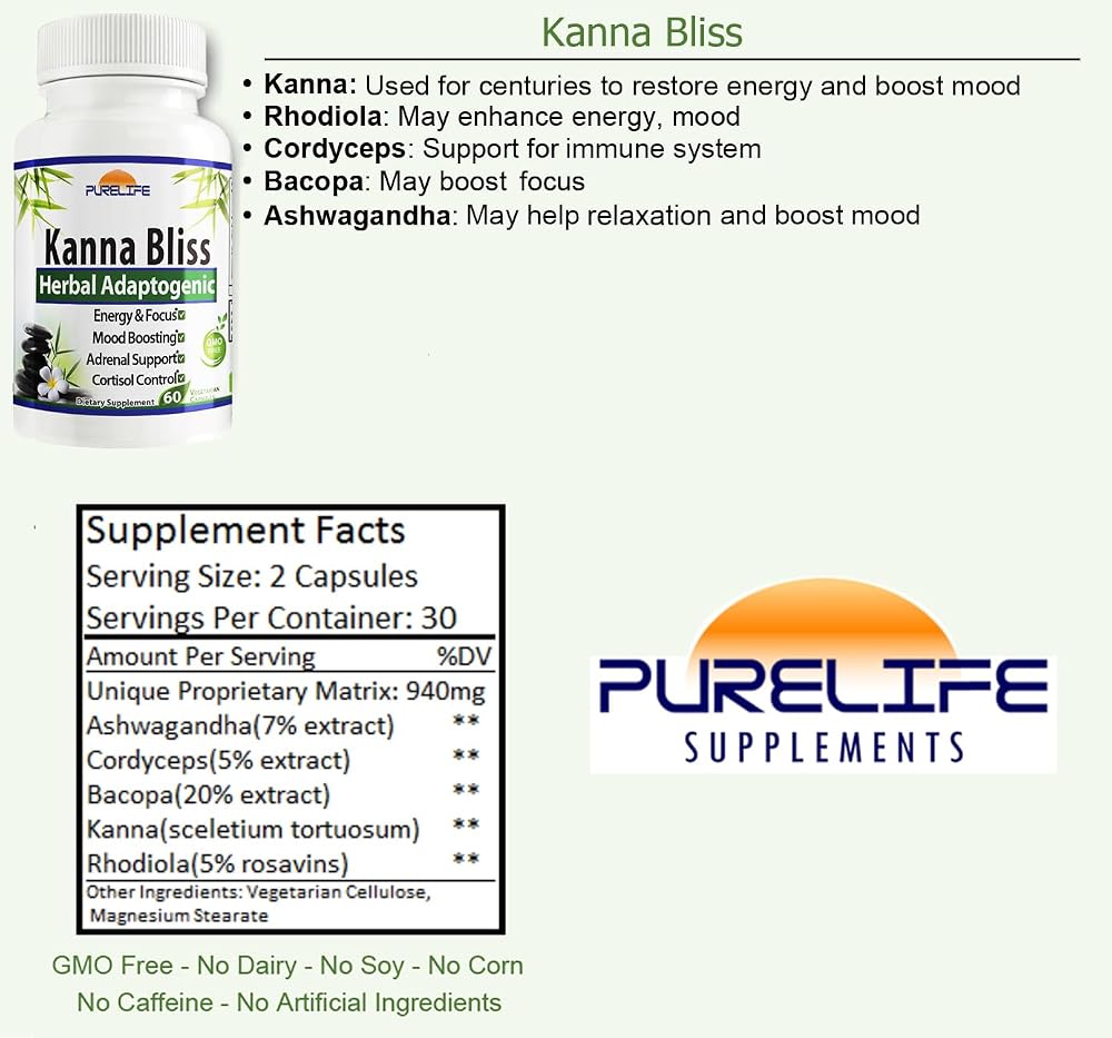 PureLife Supplements Kanna Bliss Herbal Adaptogenic - 60 Vegetarian Capsules - image 3