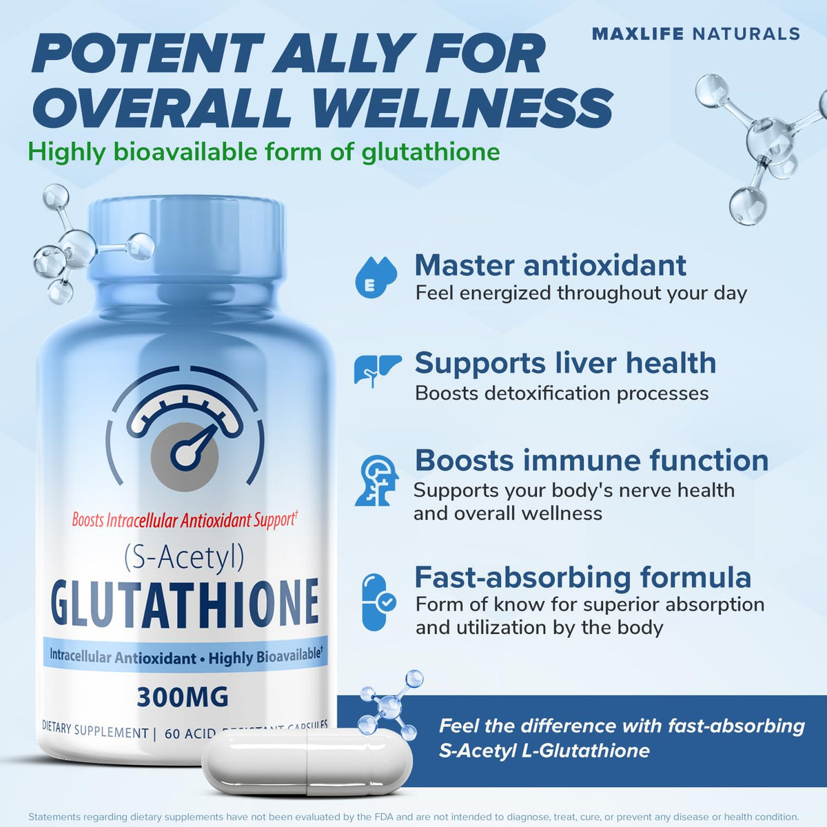 MaxLife Naturals S-Acetyl L-Glutathione 300mg - 60 Capsules - image 3