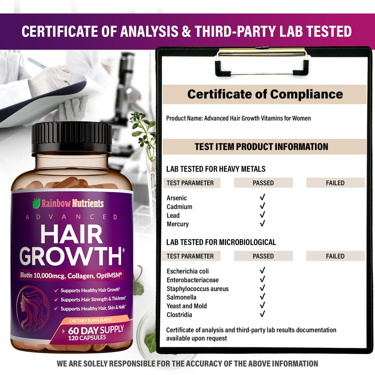 Rainbow Nutrients Hair Growth Vitamins for Women Biotin 10,000mcg - 120 Capsules - image 5