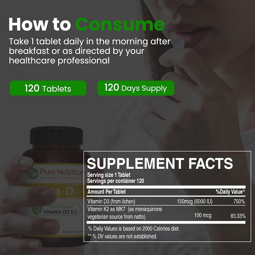 Pure Nutrition Vitamin D3 K2 Supplement - 120 Tablets - image 6