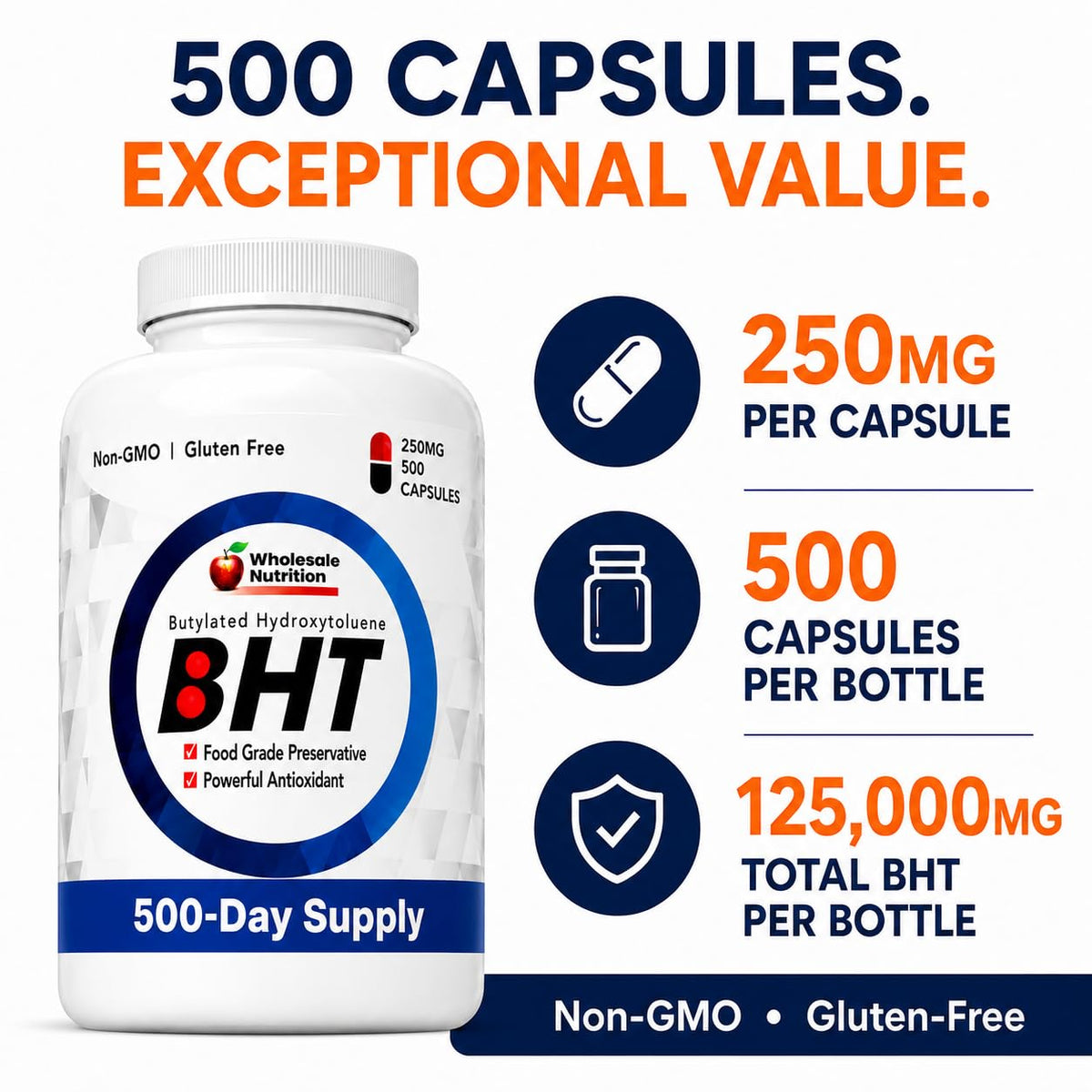 Wholesale Nutrition BHT 250mg Antioxidant - 500 Capsules - image 2