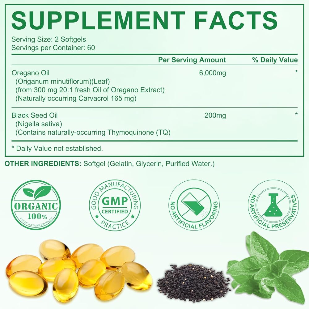 Nyloriaine 120PCS Oil of Oregano with Black Seed Oil Boosts Immune