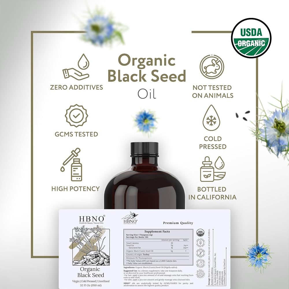 HBNO Organic Black Seed Oil - Huge 32oz (950ml) Glass Bottle Value - image 4