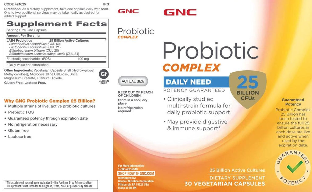 GNC Probiotic Complex Daily Need 25 Billion CFUs - 30 Capsules - image 2