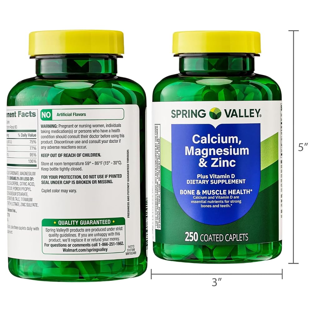 Spring Valley Calcium, Magnesium & Zinc Plus Vitamin D3 - 250 Caplets - image 7