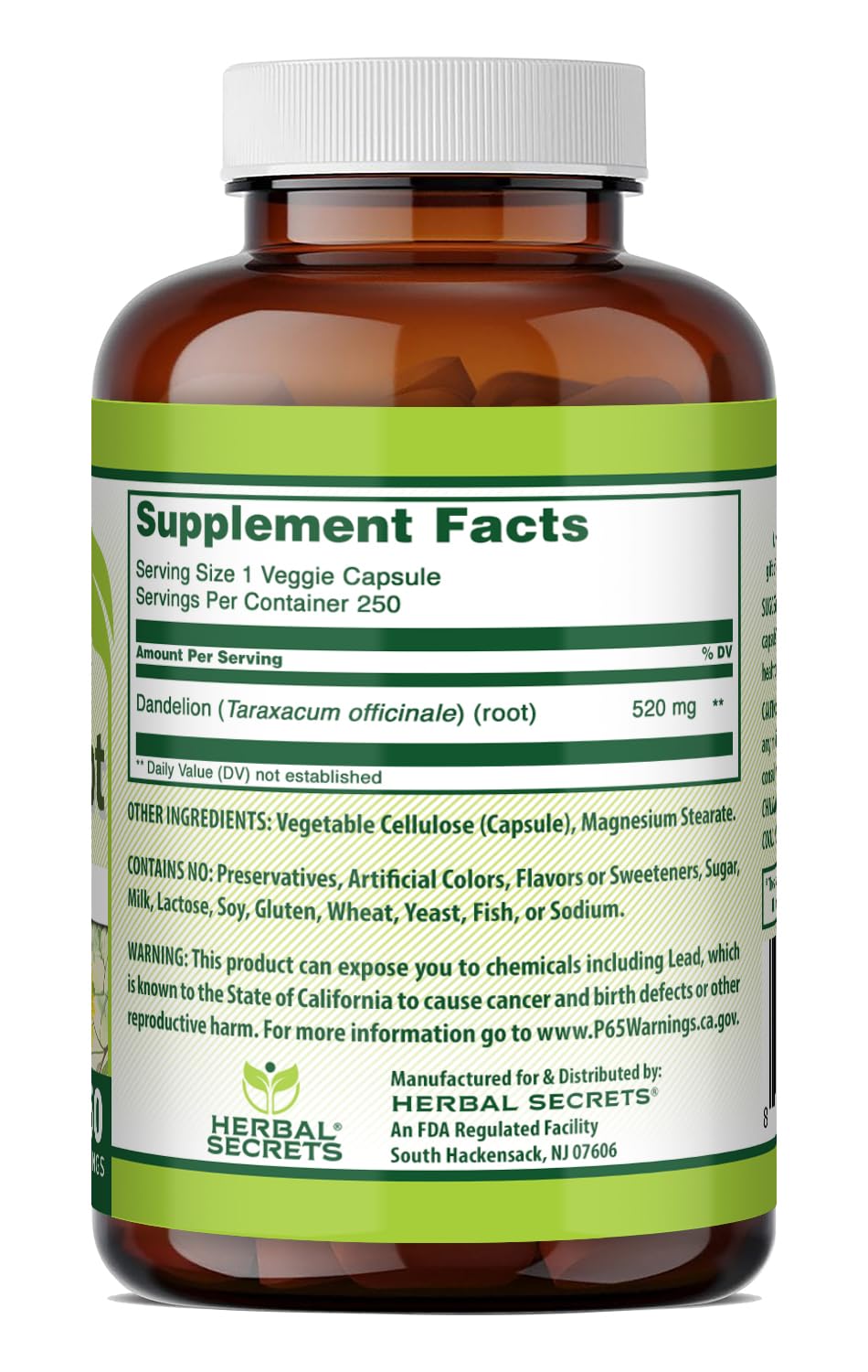 Herbal Secrets Dandelion Root 520 mg Veggie Capsules Supplement