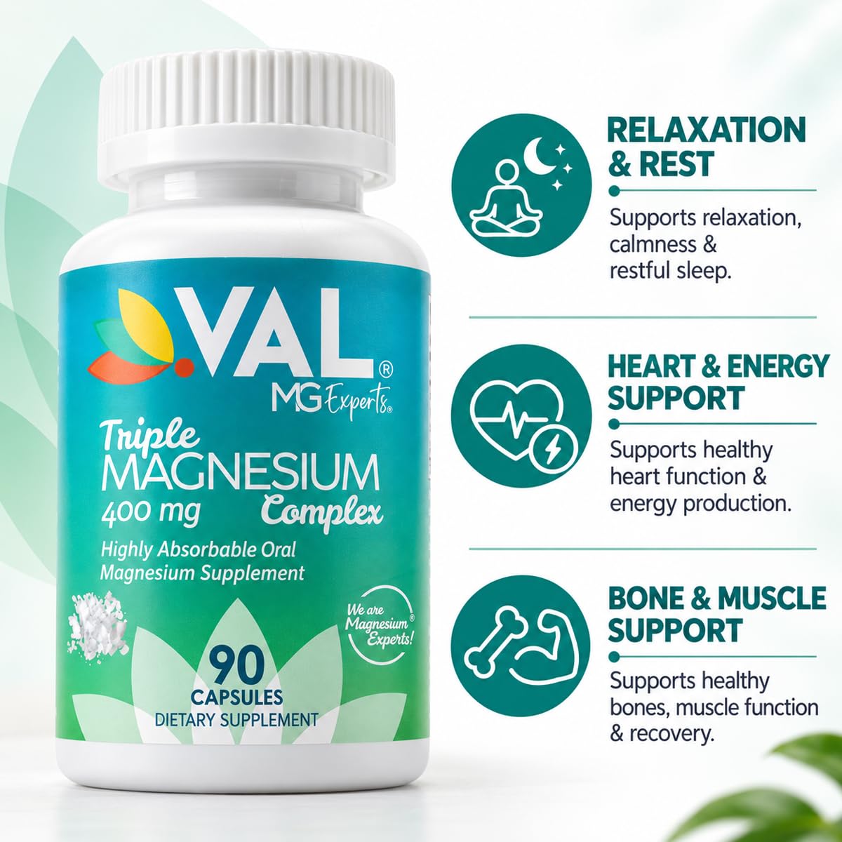 VAL Triple Magnesium Complex 400mg for Sleep & Relaxation - 90 Capsules - image 2